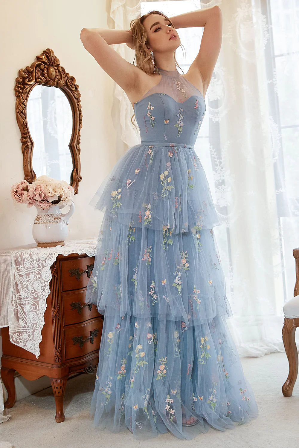 Halter Grey Blue A-Line Tulle Prom Dress with Embroidery