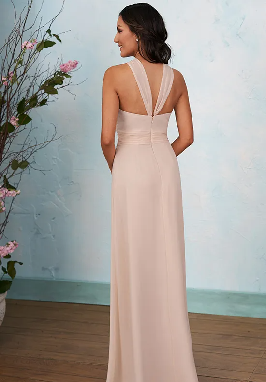 Halter Keyhole Front Twist Ruched Waist Open Back High Slit Chiffon Floor Length Bridesmaid Dresses
