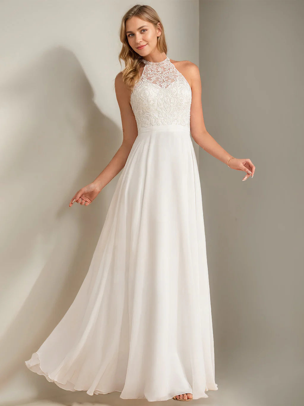 Halter Lace Applique Chiffon Wedding Dress with Open Back A Line Floor Length Bridal Gown