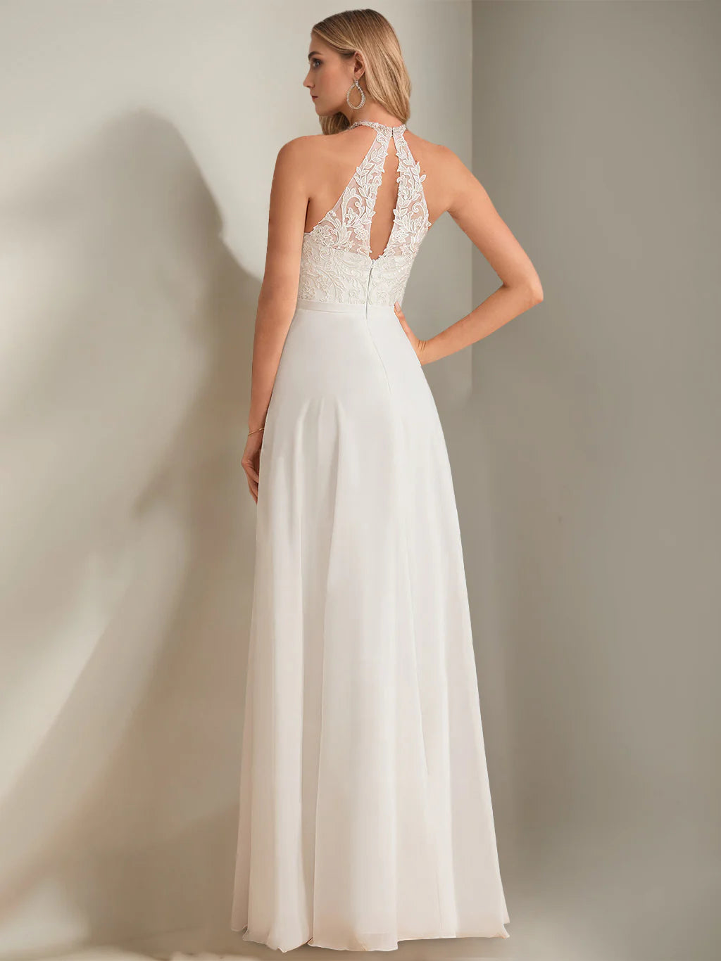 Halter Lace Applique Chiffon Wedding Dress with Open Back A Line Floor Length Bridal Gown