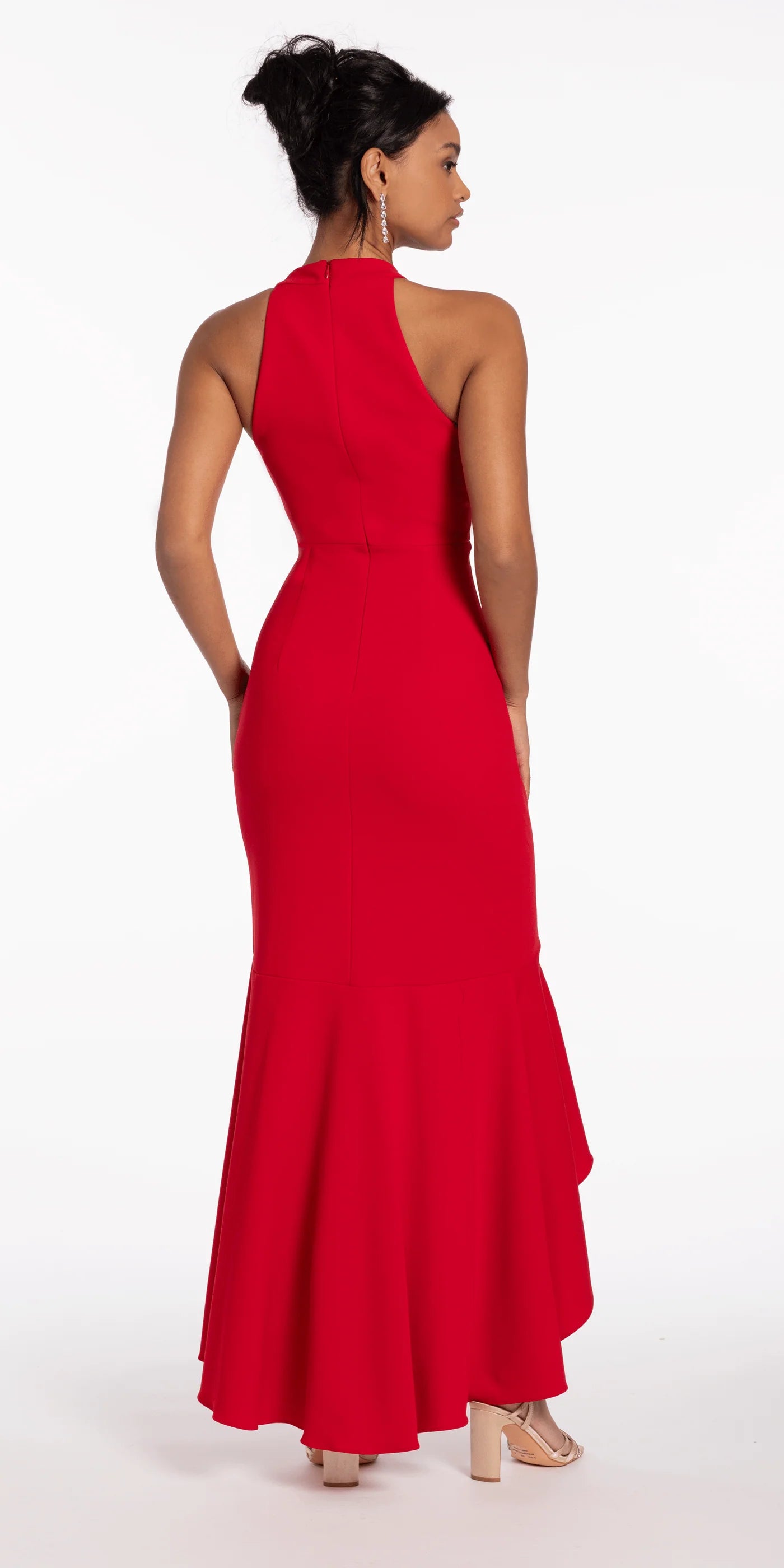 Halter Neck Ruffle Detail Mermaid Evening Dresses with High-Low Hem and Back Zipper