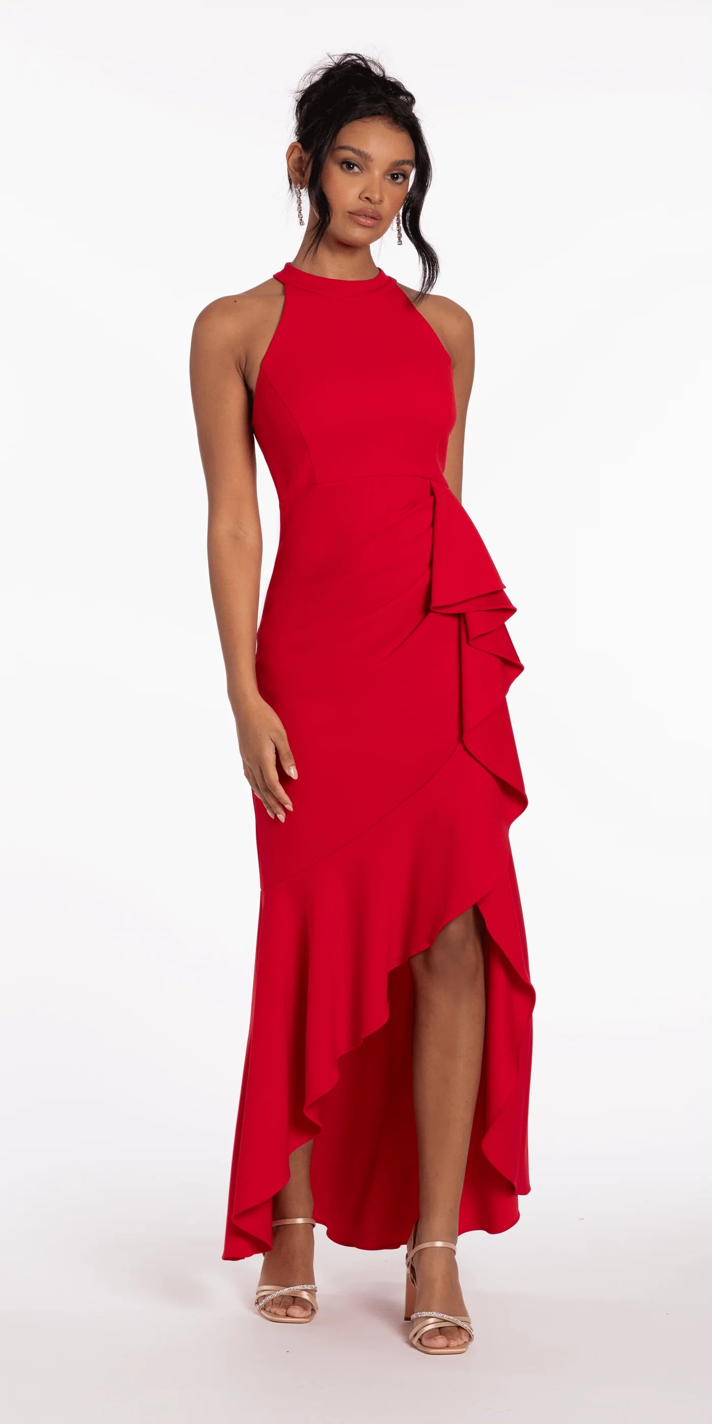 Halter Neck Ruffle Detail Mermaid Evening Dresses with High-Low Hem and Back Zipper