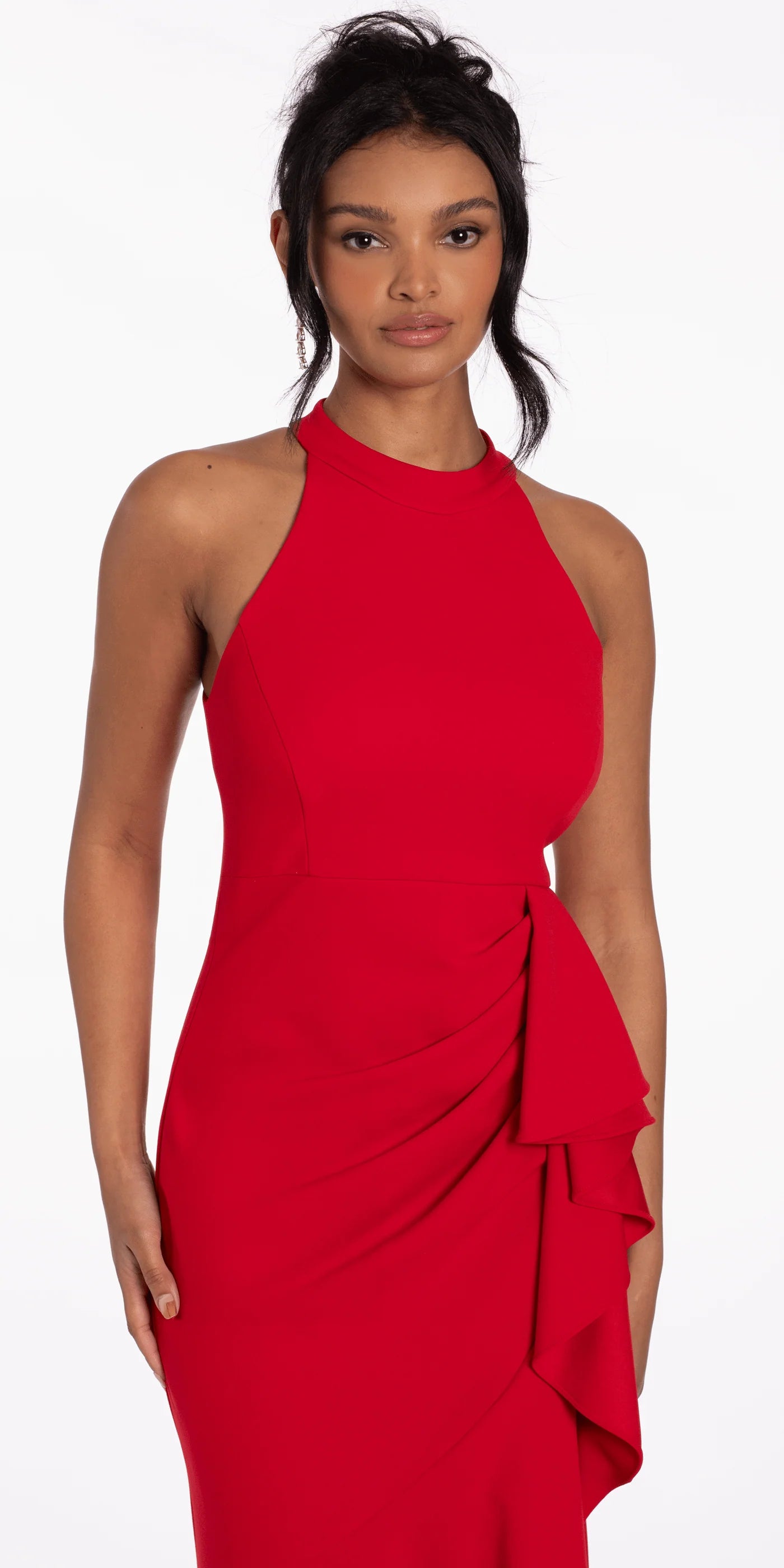 Halter Neck Ruffle Detail Mermaid Evening Dresses with High-Low Hem and Back Zipper