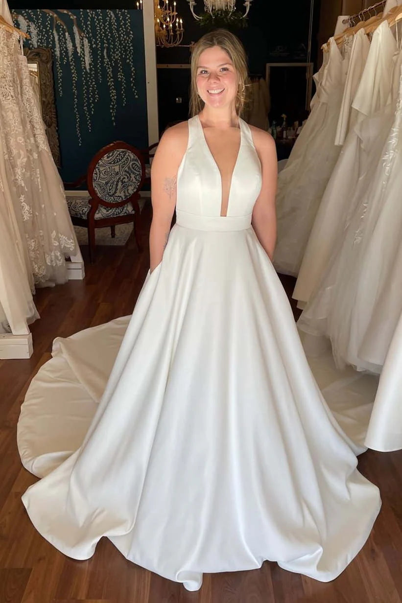 Halter Neck Wedding Dresses with Deep V-Neck, Oversized Back Bow and Full Satin Train Bridal Gown