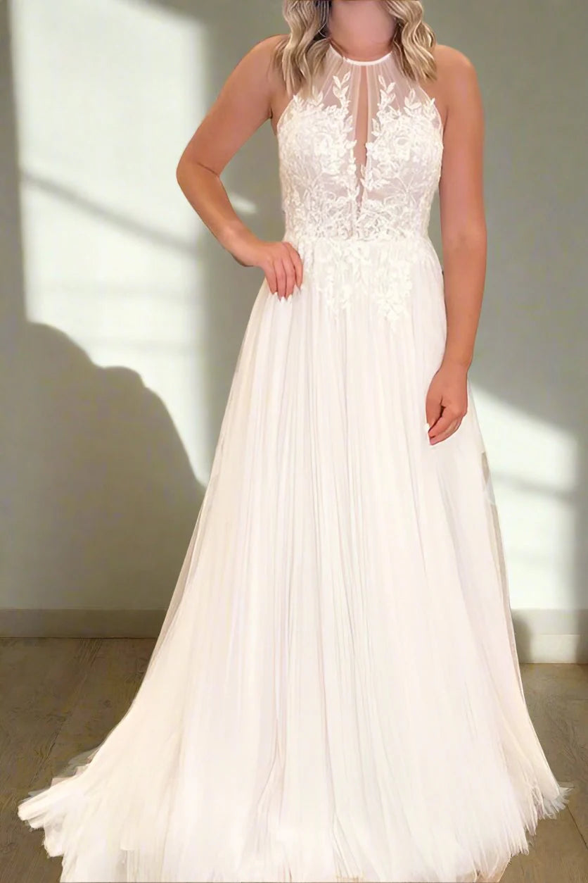 Halter Neck Wedding Dresses with Lace Applique Bodice, Tulle Skirt and Convertible Back Bridal Gown