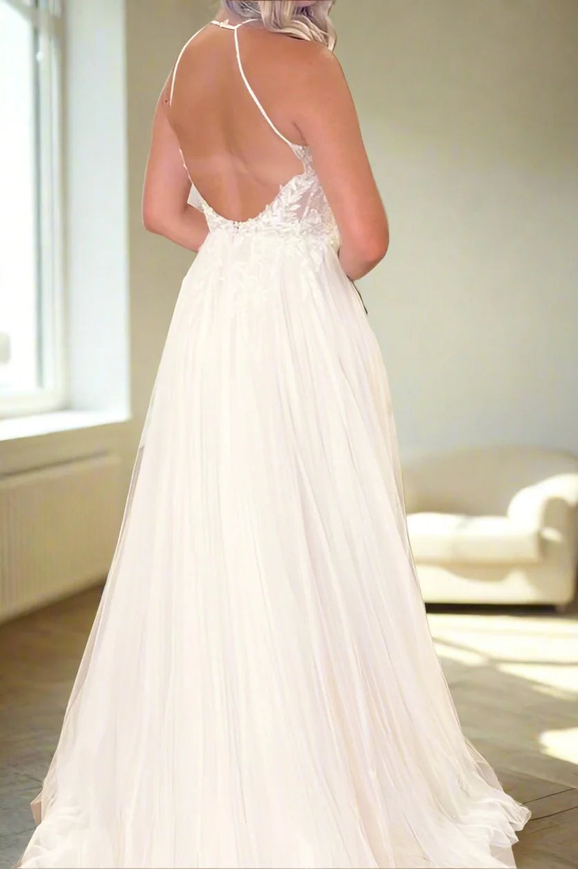 Halter Neck Wedding Dresses with Lace Applique Bodice, Tulle Skirt and Convertible Back Bridal Gown