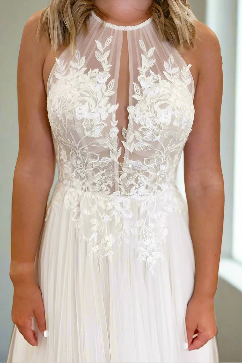 Halter Neck Wedding Dresses with Lace Applique Bodice, Tulle Skirt and Convertible Back Bridal Gown