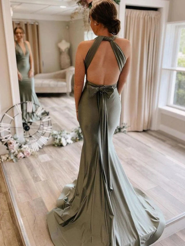 Halter Satin Mermaid Plunge Neckline Open Back Bow Detail Floor Length Bridesmaid Dress
