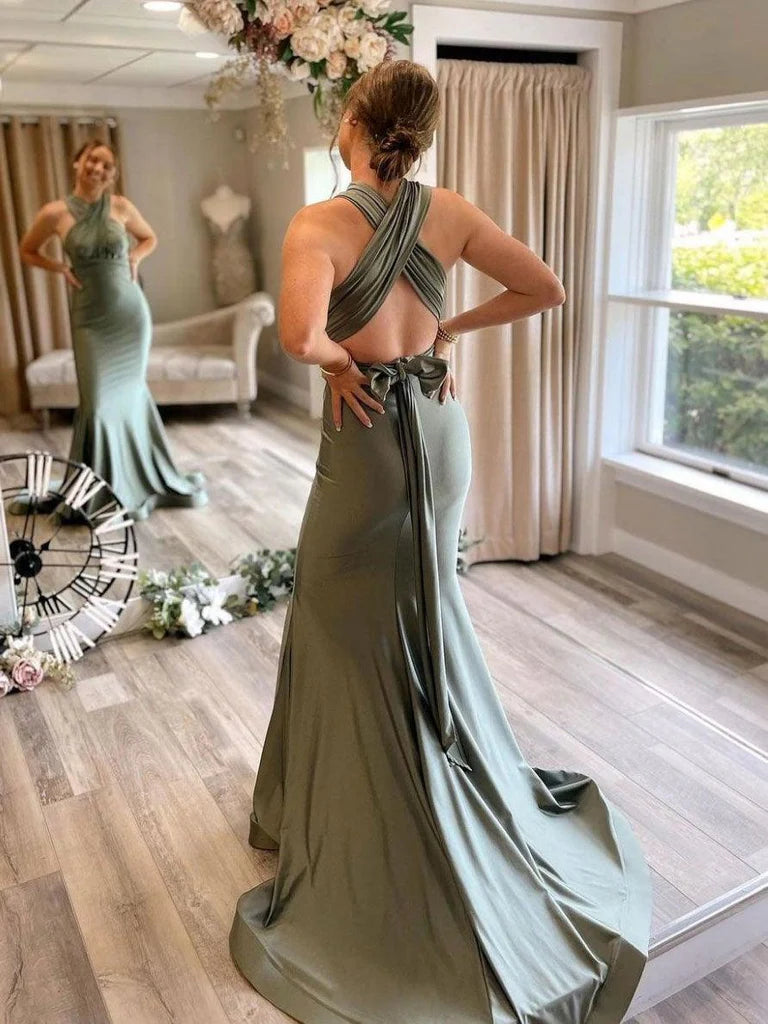 Halter Satin Mermaid Plunge Neckline Open Back Bow Detail Floor Length Bridesmaid Dress