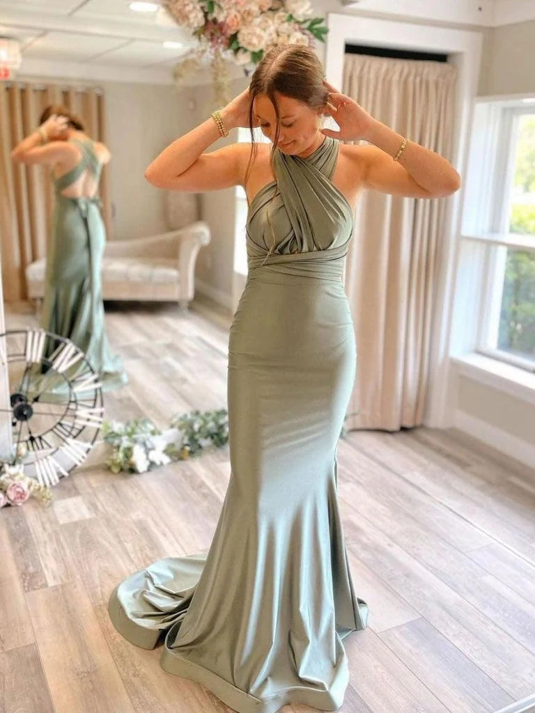 Halter Satin Mermaid Plunge Neckline Open Back Bow Detail Floor Length Bridesmaid Dress