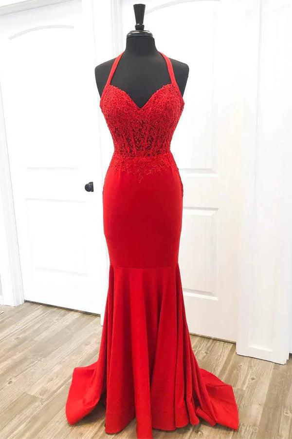 Halter Sweetheart Lace Bodice Corset Back Mermaid Floor Length Formal Prom Dress