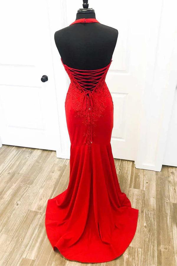Halter Sweetheart Lace Bodice Corset Back Mermaid Floor Length Formal Prom Dress