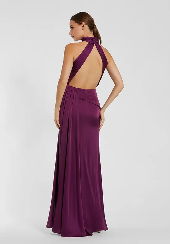 Halter Twist Knot Open Back High Slit Glossy Satin Sheath Floor Length Bridesmaid Dresses