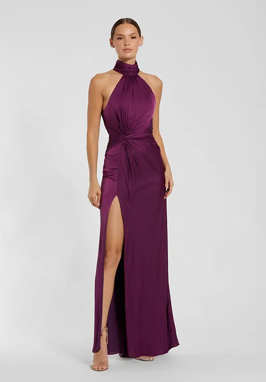 Halter Twist Knot Open Back High Slit Glossy Satin Sheath Floor Length Bridesmaid Dresses