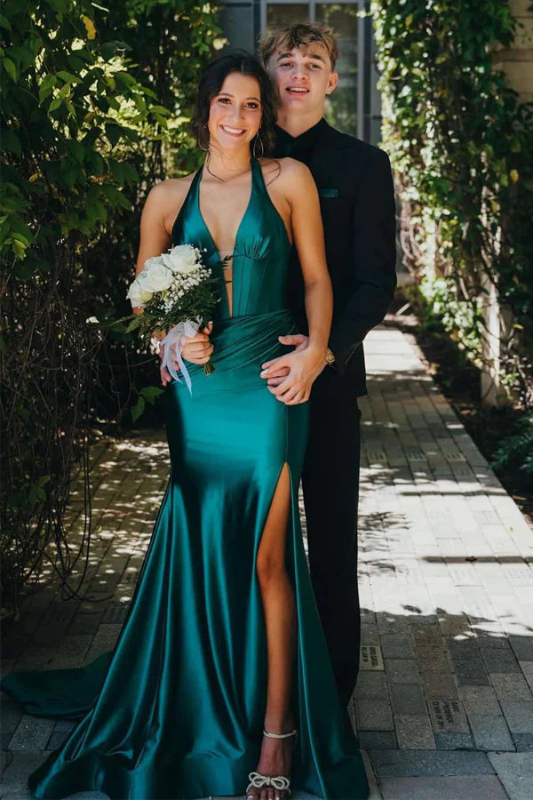 Halter V-Neck Corset Bodice Satin Mermaid Slit Floor Length Formal Prom Dress