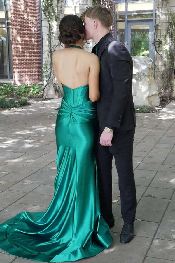 Halter V-Neck Corset Bodice Satin Mermaid Slit Floor Length Formal Prom Dress