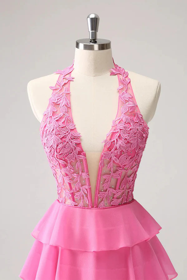 Hot Pink A Line Strapless Tiered Corset Cute Homecoming Dress