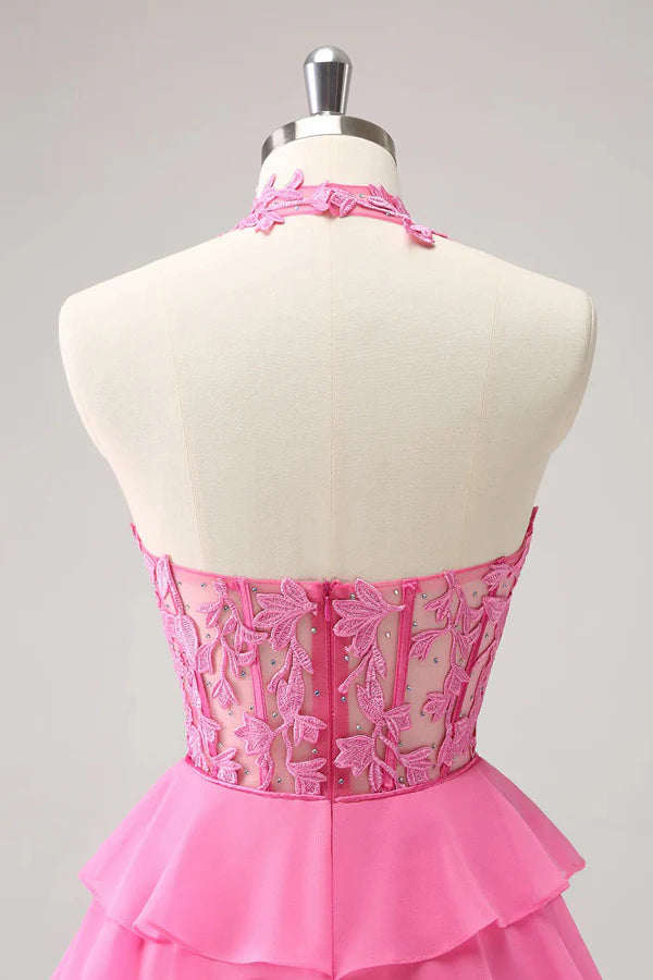 Hot Pink A Line Strapless Tiered Corset Cute Homecoming Dress