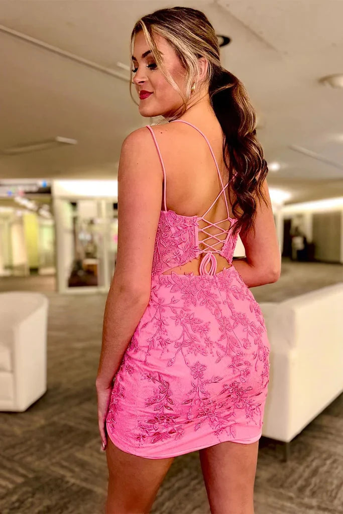 Hot Pink Appliques Plunge V Lace-Up Short Homecoming Dresses