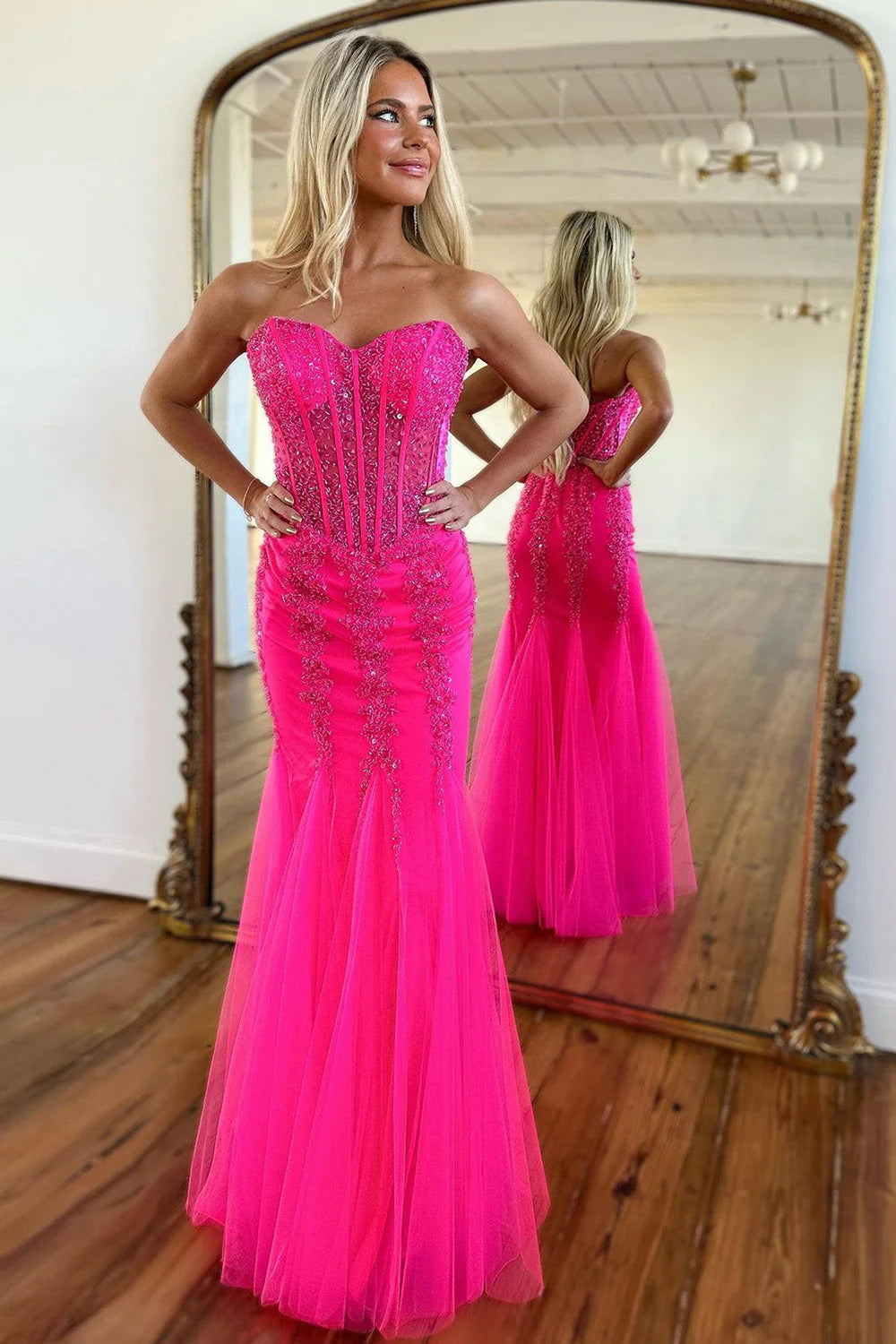 Hot Pink Floor Length Mermaid Sweetheart Tulle Prom Dress