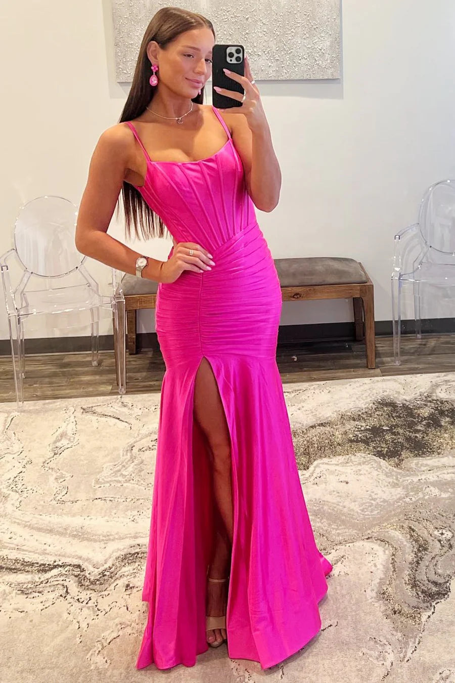 Hot Pink Scoop Neck Spaghetti Strap Long Prom Dress