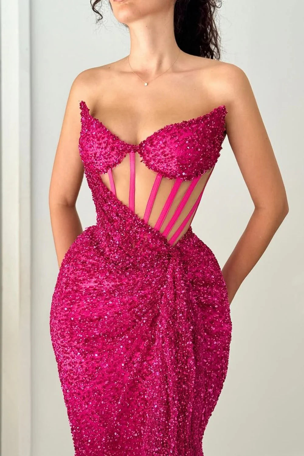 Hot Pink Sequin Mermaid Strapless Long Formal Design Prom Dress