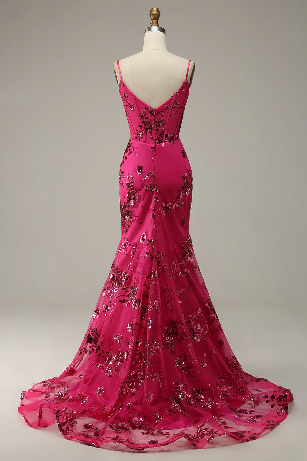 Hot Pink Sequins Print Mermaid Prom Dress