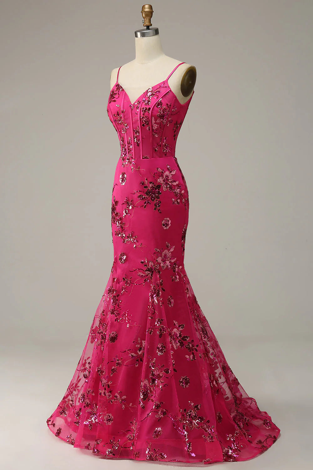 Hot Pink Sequins Print Mermaid Prom Dress