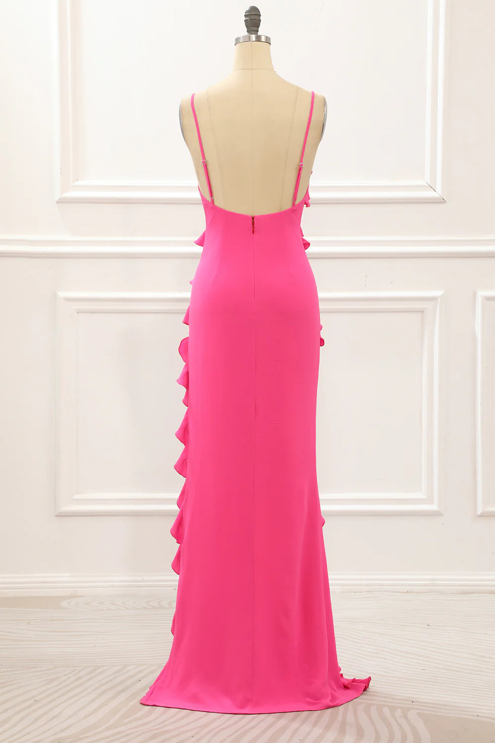 Hot Pink Sheath Spaghetti Straps Maxi Dress with Ruffles Slit