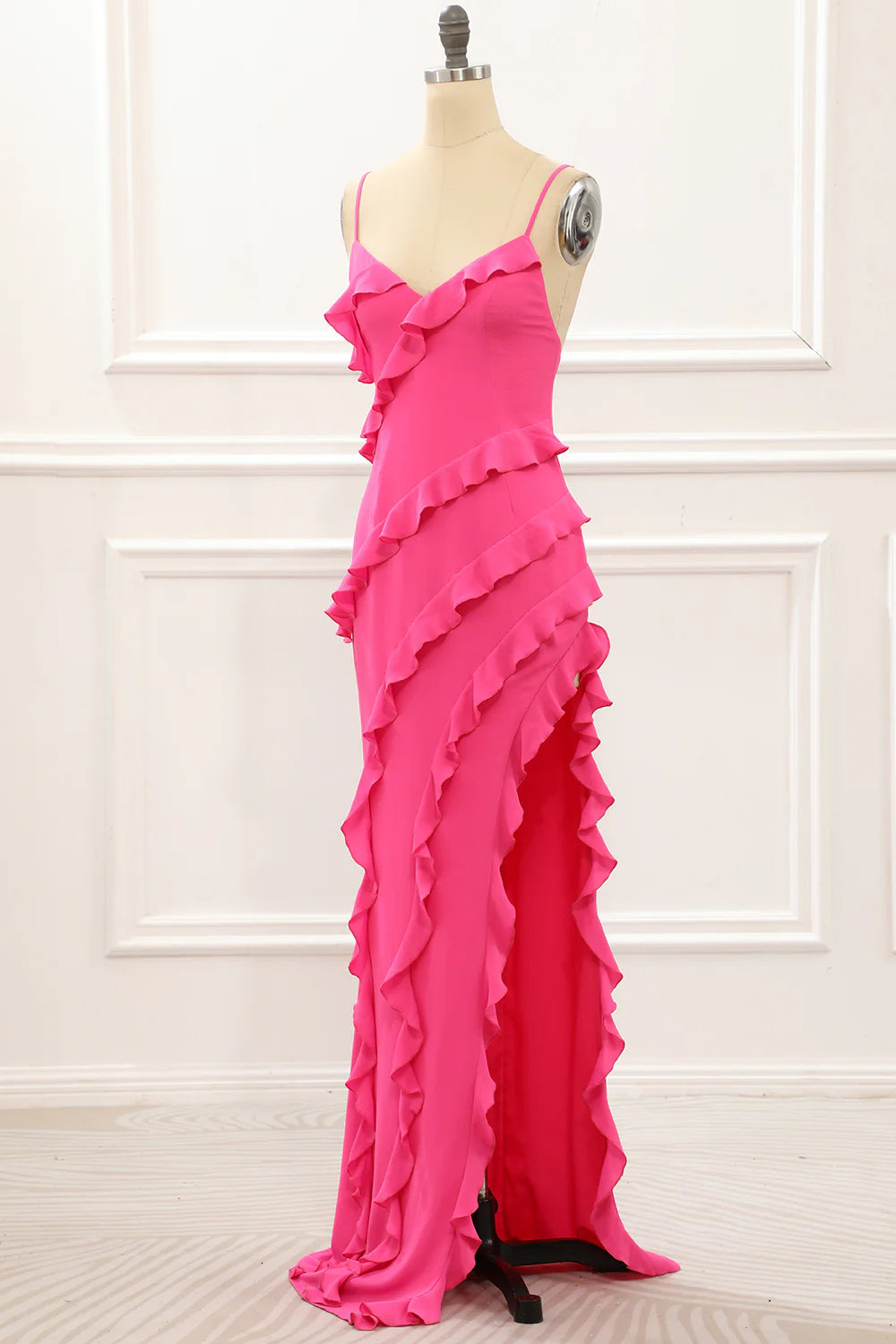 Hot Pink Sheath Spaghetti Straps Maxi Dress with Ruffles Slit
