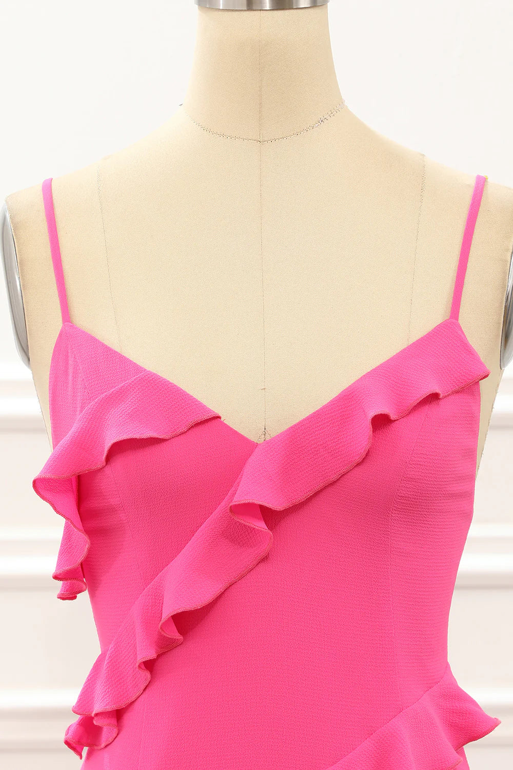 Hot Pink Sheath Spaghetti Straps Maxi Dress with Ruffles Slit