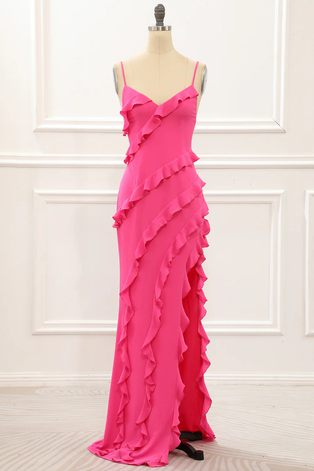 Hot Pink Sheath Spaghetti Straps Maxi Dress with Ruffles Slit