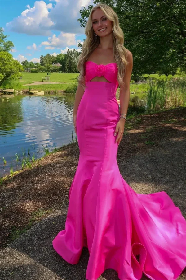Hot Pink Strapless Sweetheart Mermaid with Cut-Out Evening Dresses