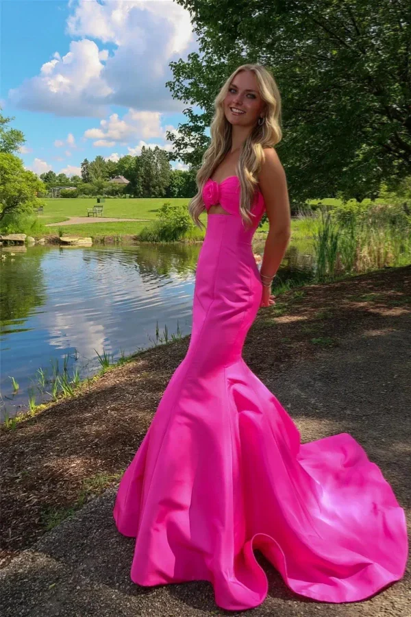 Hot Pink Strapless Sweetheart Mermaid with Cut-Out Evening Dresses