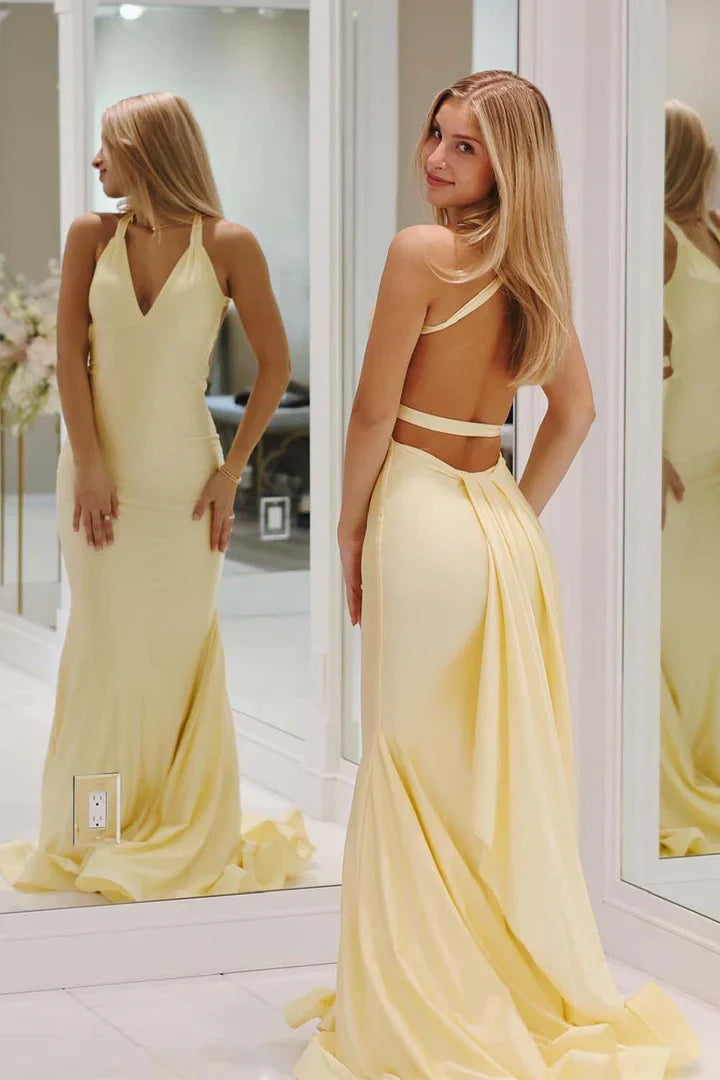 Hot Selling Mermaid Deep V Neck Yellow Long Prom Dress with Split Front