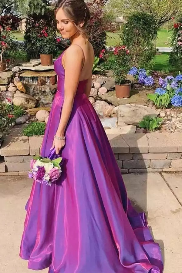 Iridescent Magenta Satin A-Line Prom Gown with V-Neck & Open Back