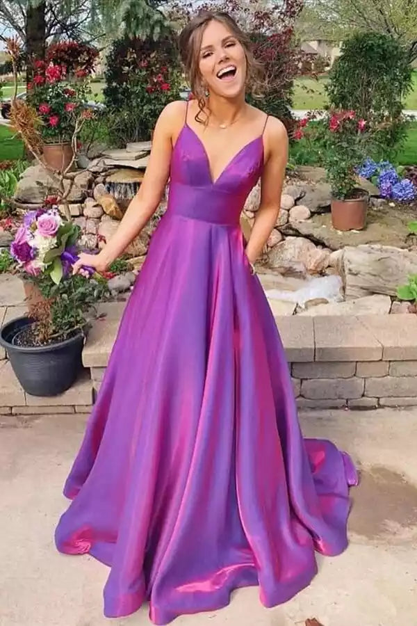 Iridescent Magenta Satin A-Line Prom Gown with V-Neck & Open Back