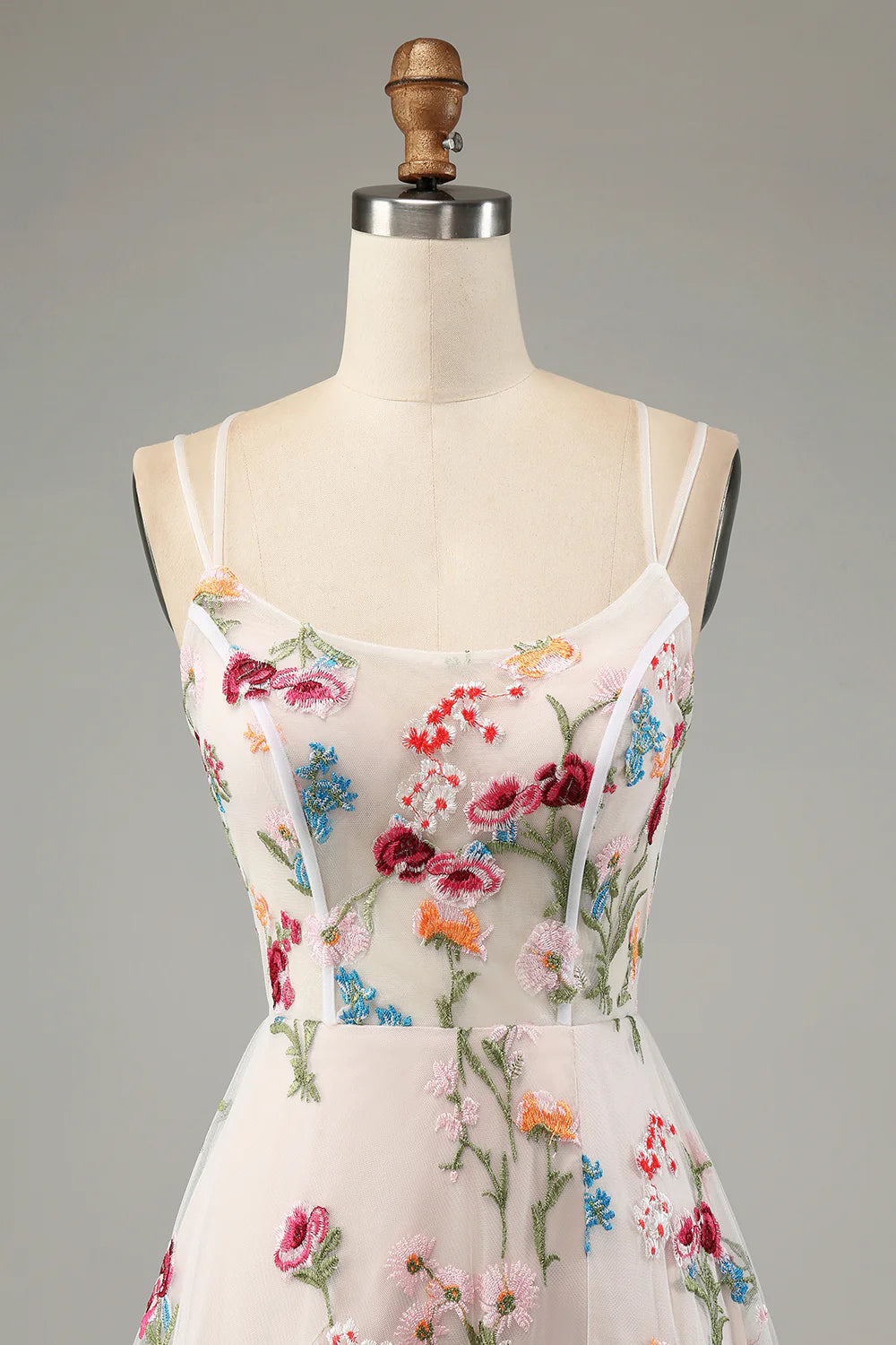 Ivory A-Line Spaghetti Straps Corset Long Flower Maxi Dress With Slit