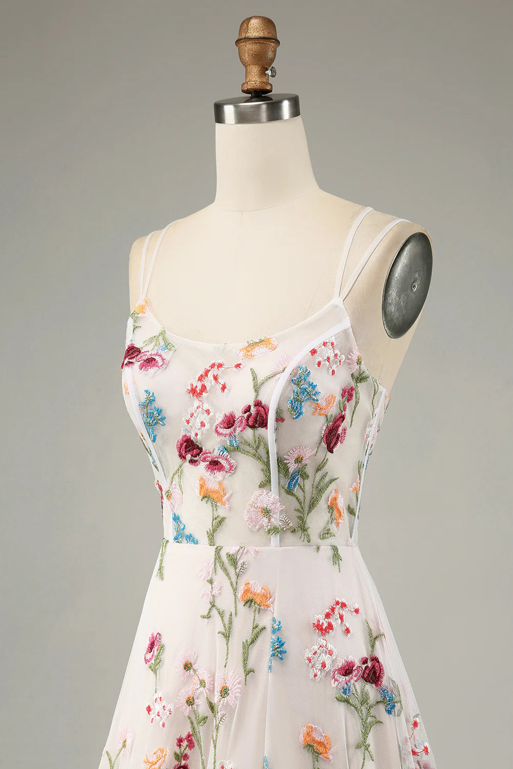 Ivory A-Line Spaghetti Straps Corset Long Flower Maxi Dress With Slit