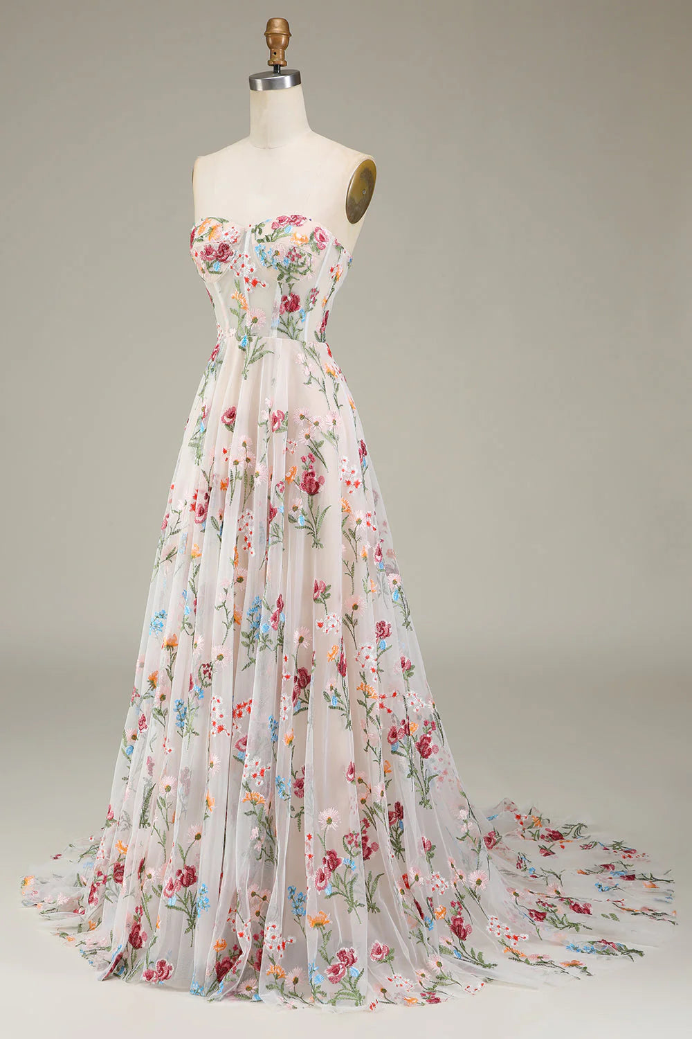 Ivory A-Line Sweetheart Corset Long Prom Dress With Flower