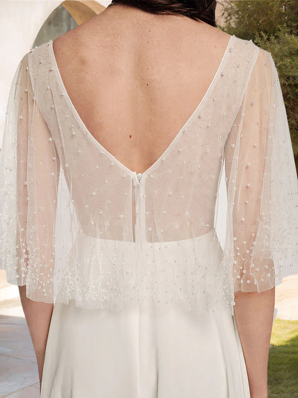 Ivory Chiffon A-Line Wedding Dress with Detachable Pearl-Embellished Tulle Capelet, Plunging V-Neck & Low V-Back