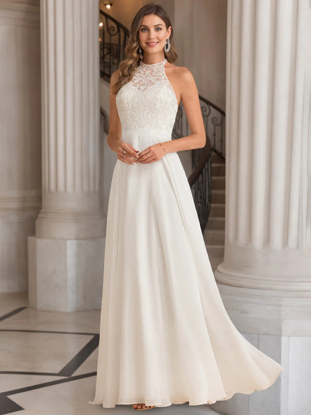 Ivory Chiffon A-Line Wedding Dress with High Halter Lace Bodice, Keyhole Back & Flowy Floor-Length Skirt