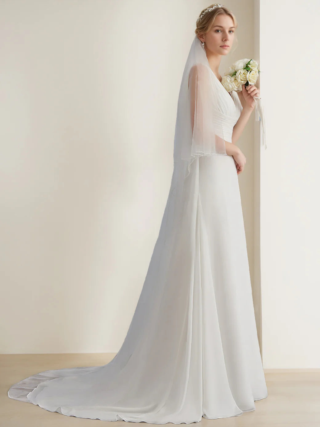 Ivory Chiffon A-Line Wedding Dress with Plunging V-Neck, Ruched Bodice, Lace Back Panel & Sweep Train