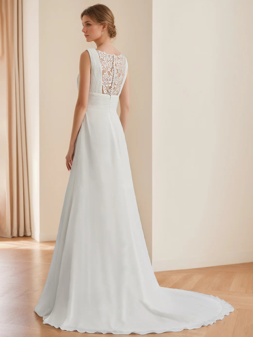 Ivory Chiffon A-Line Wedding Dress with Plunging V-Neck, Ruched Bodice, Lace Back Panel & Sweep Train