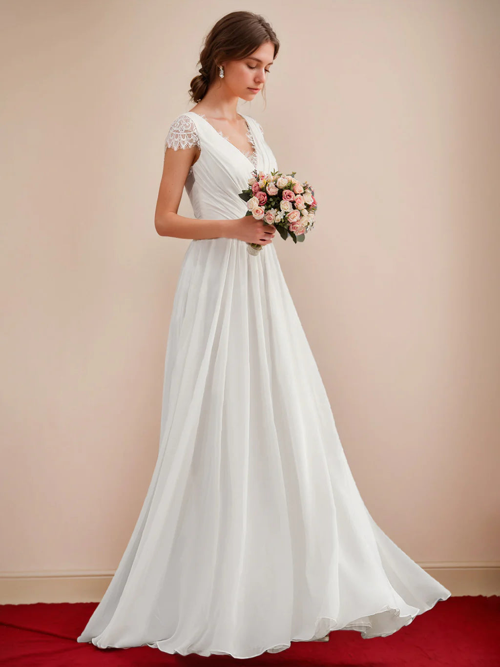 Ivory Chiffon A-Line Wedding Dress with V-Neck, Ruched Bodice, Lace Cap Sleeves & Open Lace Back