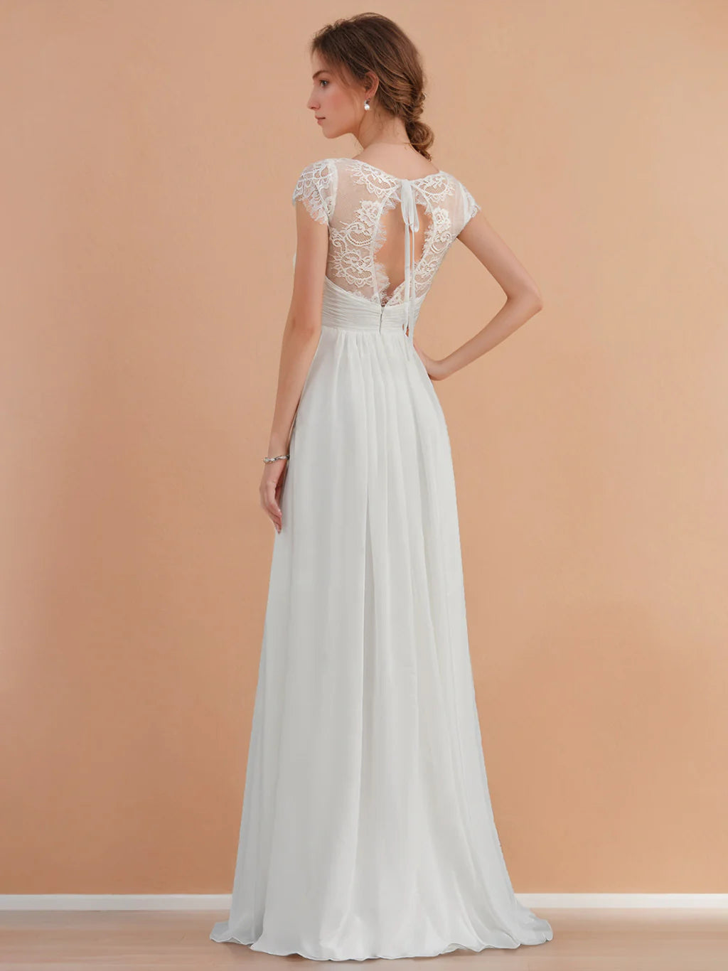 Ivory Chiffon A-Line Wedding Dress with V-Neck, Ruched Bodice, Lace Cap Sleeves & Open Lace Back