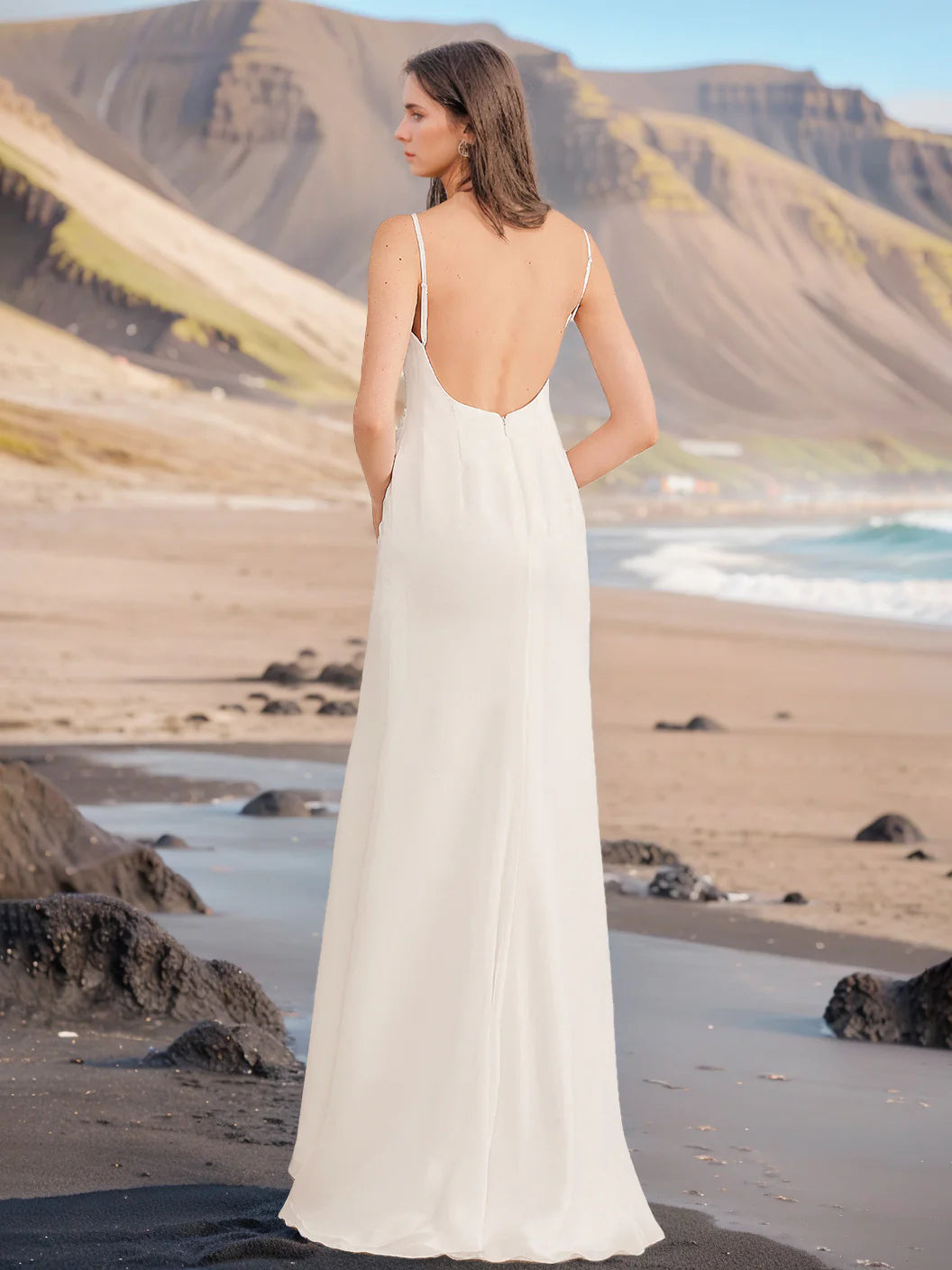 Ivory Chiffon Beach Wedding Dress with Spaghetti Straps, Open Back & Lace-Trimmed Slit