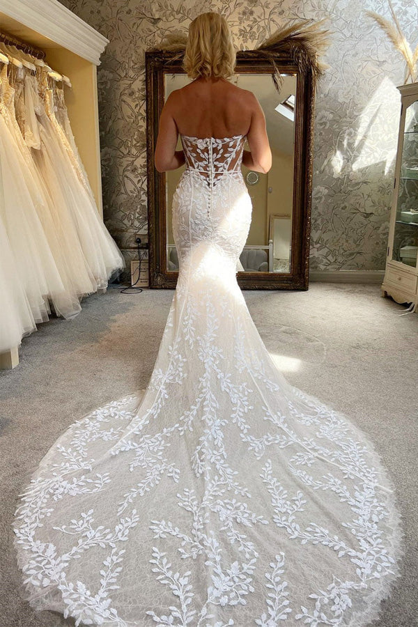 Ivory Lace Strapless Mermaid Wedding Dress Lace Bridal Gown