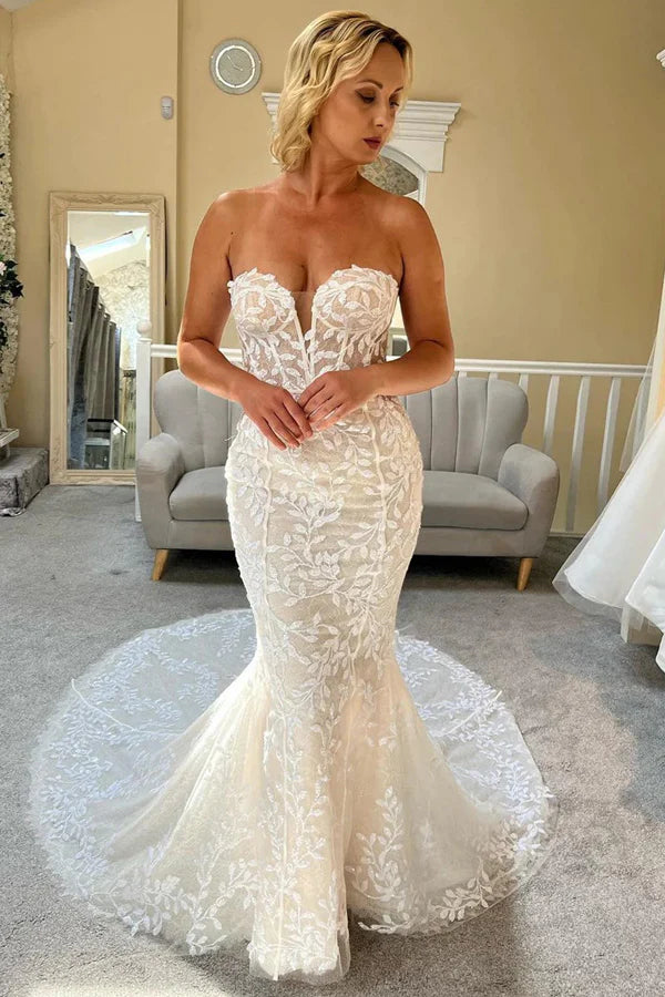 Ivory Lace Strapless Mermaid Wedding Dress Lace Bridal Gown