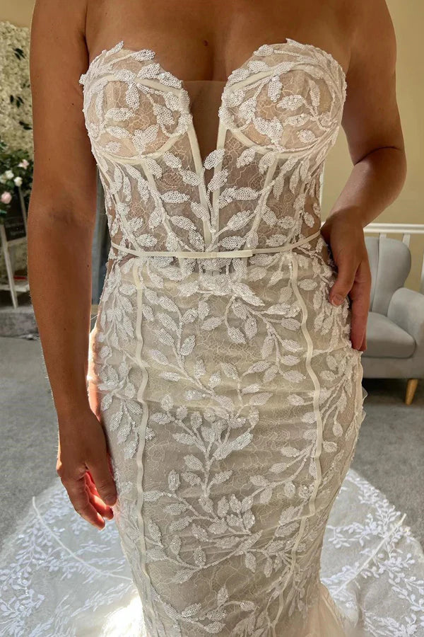 Ivory Lace Strapless Mermaid Wedding Dress Lace Bridal Gown